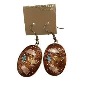 Vintage Genuine Cloisonne Dangle Earrings Gold Tone Orange Blue Pink Geometric